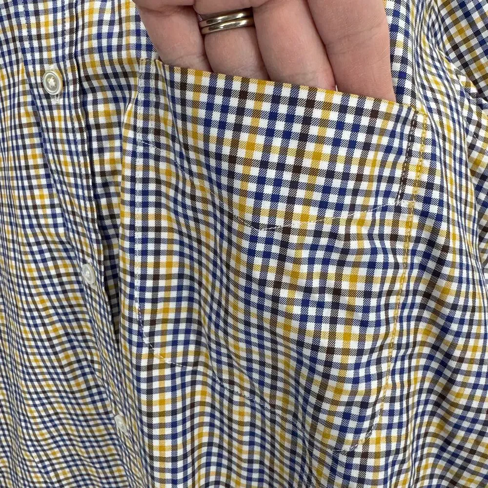J McLaughlin Shirt Mens Large Button Down Blue Yellow Check Plaid Coastal Cotton